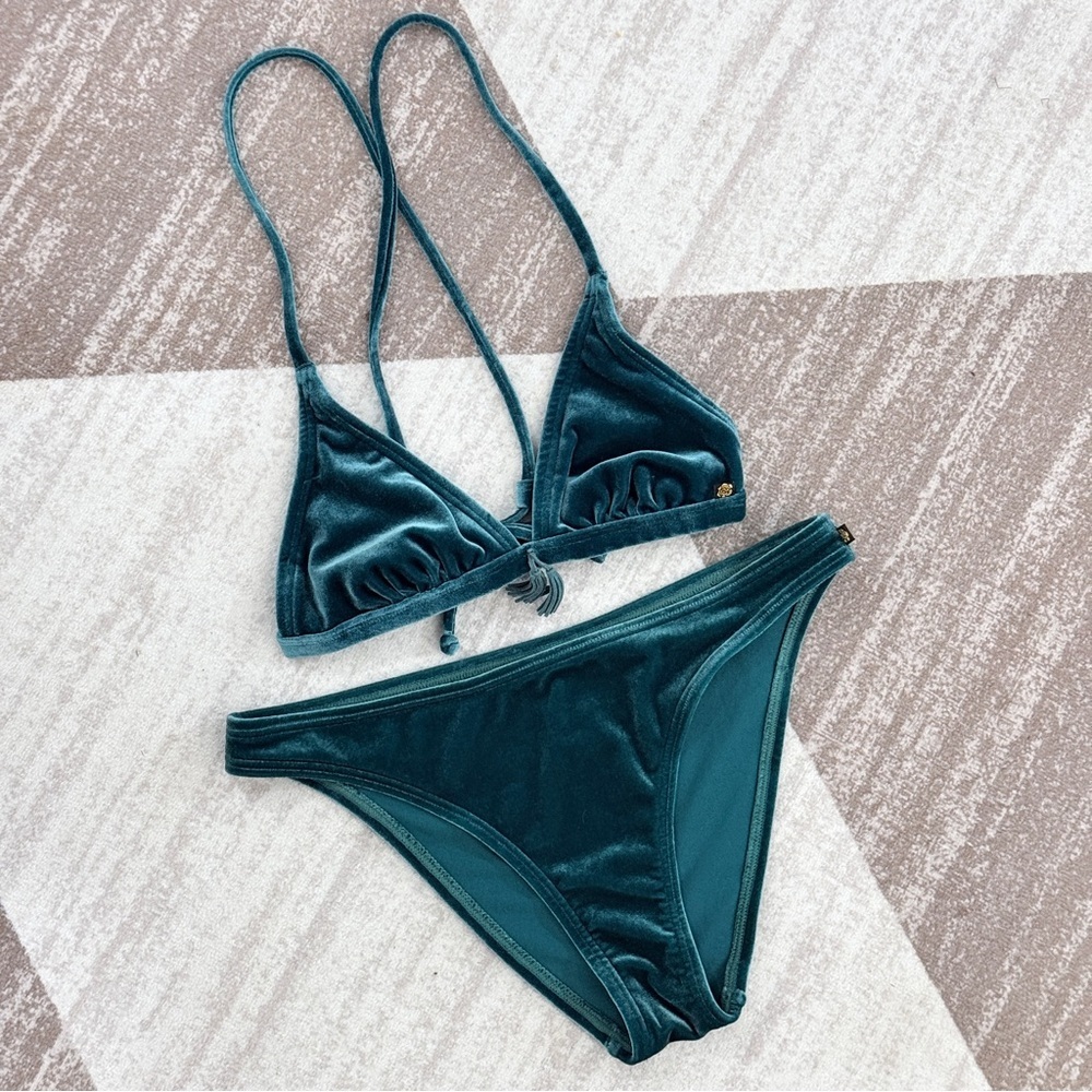 La Vie en Rose Teal Velvet Triangle Bikini XS/S